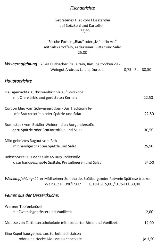 Gasthaus Zur Erle - Speisekarte